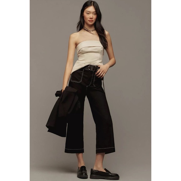 NWT Anthropologie The Colette Wide Leg Linen Pants Maeve Magic Contrast Black 27 - Picture 12 of 14